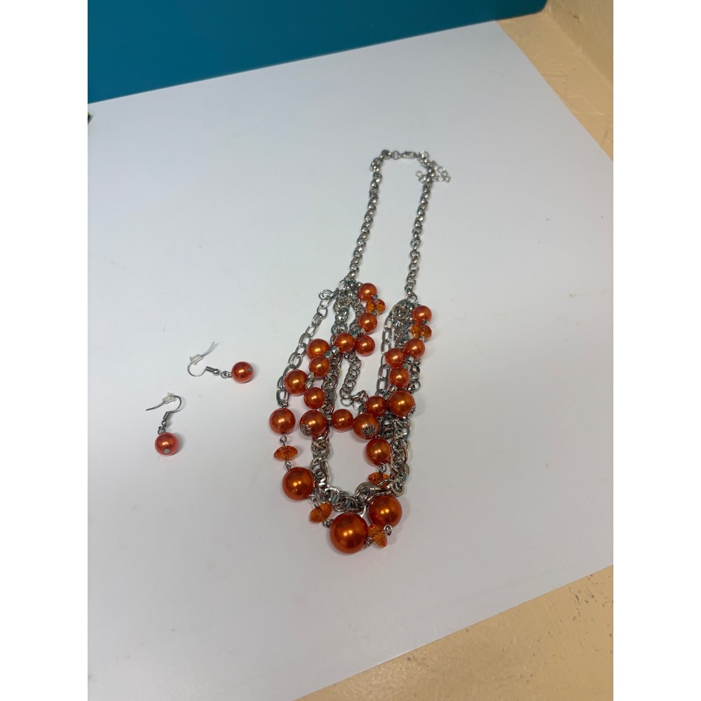 Orange‎ Faux Pearl Multi Strand Statement Necklace and Earring Set Silver Tone